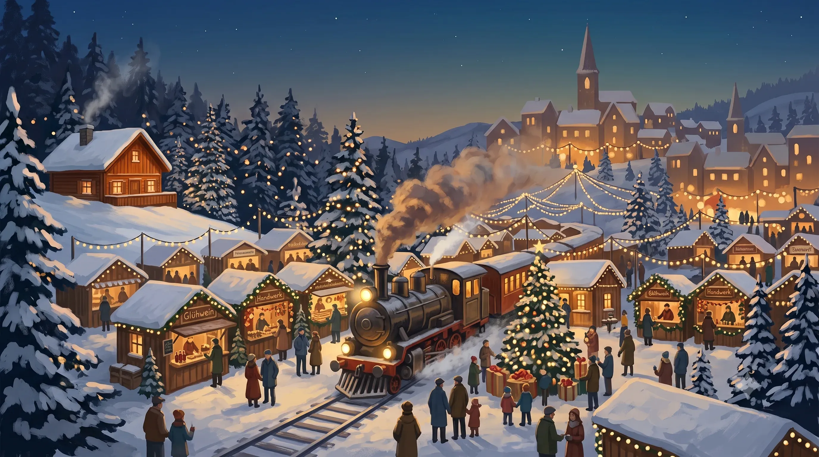 Wintry Christmas-market scene at dusk: a steam locomotive passes snow-covered market stalls with fairy lights, mulled-wine and craft booths, a decorated Christmas tree, people in winter coats and an illuminated mountain village with a church spire in the background