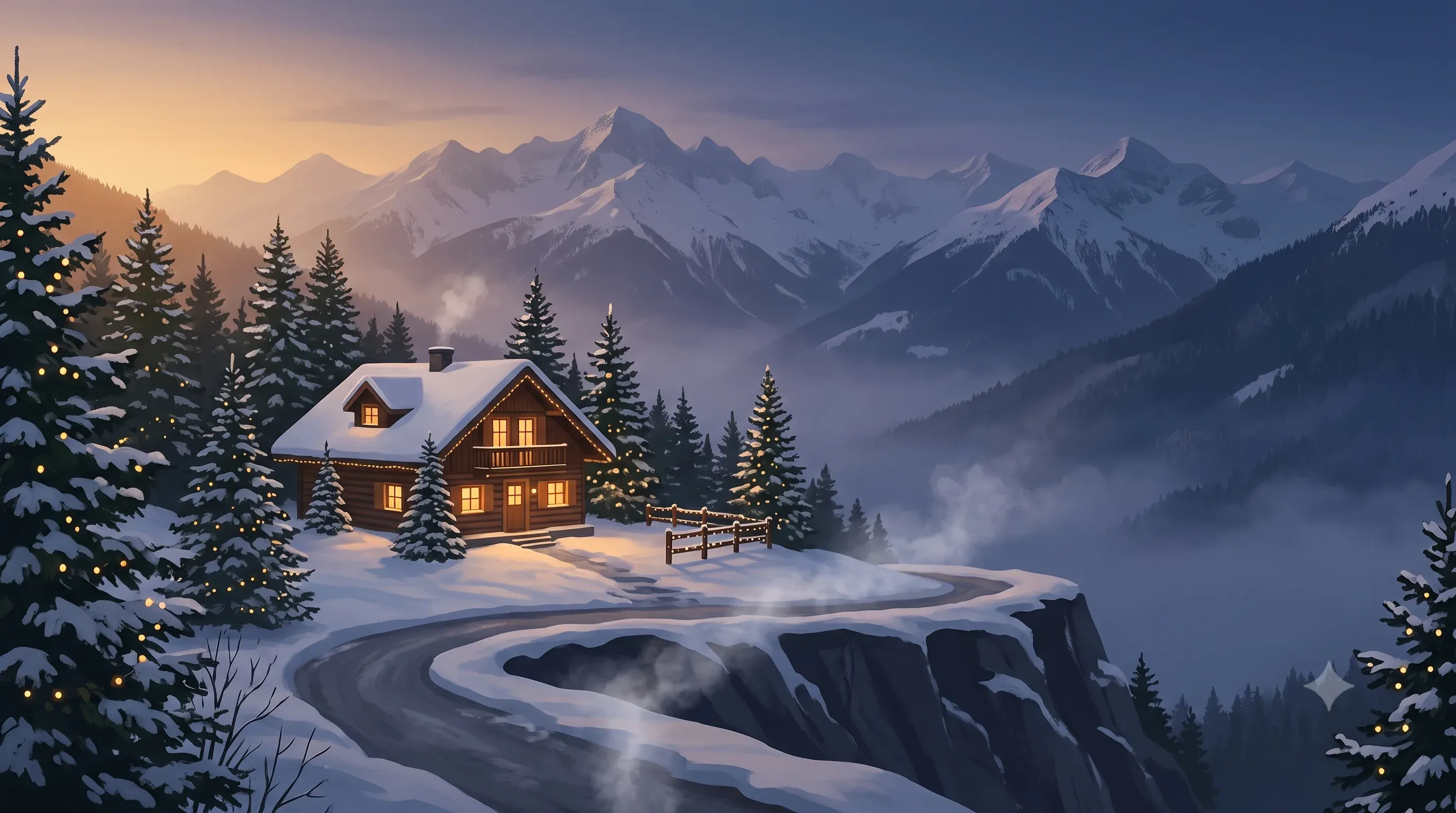 Illuminated wooden chalet on a snowy mountain ridge at dusk, surrounded by fairy-lit fir trees, with snow-capped peaks and a misty valley in the background