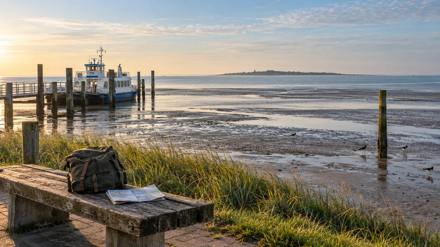 Kleine weiß-blaue Personenfähre liegt bei Ebbe an einem hölzernen Anleger hinter dem Deich, davor weites, feucht glänzendes Watt mit Prielen, Austernfischern und einem Pfahl, am Horizont eine flache Insel; im Vordergrund auf einer verwitterten Holzbank ein Rucksack und ein aufgeschlagener Gezeitenkalender, tiefstehende Morgensonne