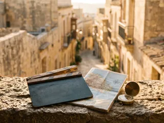 Blick von einem Steinfenstersims auf eine sonnenbeschienene mediterrane Altstadtgasse: im Vordergrund eine unbeschriftete Filmklappe, eine aufgeklappte Straßenkarte und ein Messingkompass, im Hintergrund gestaffelte Natursteinhäuser im Gegenlicht der goldenen Stunde