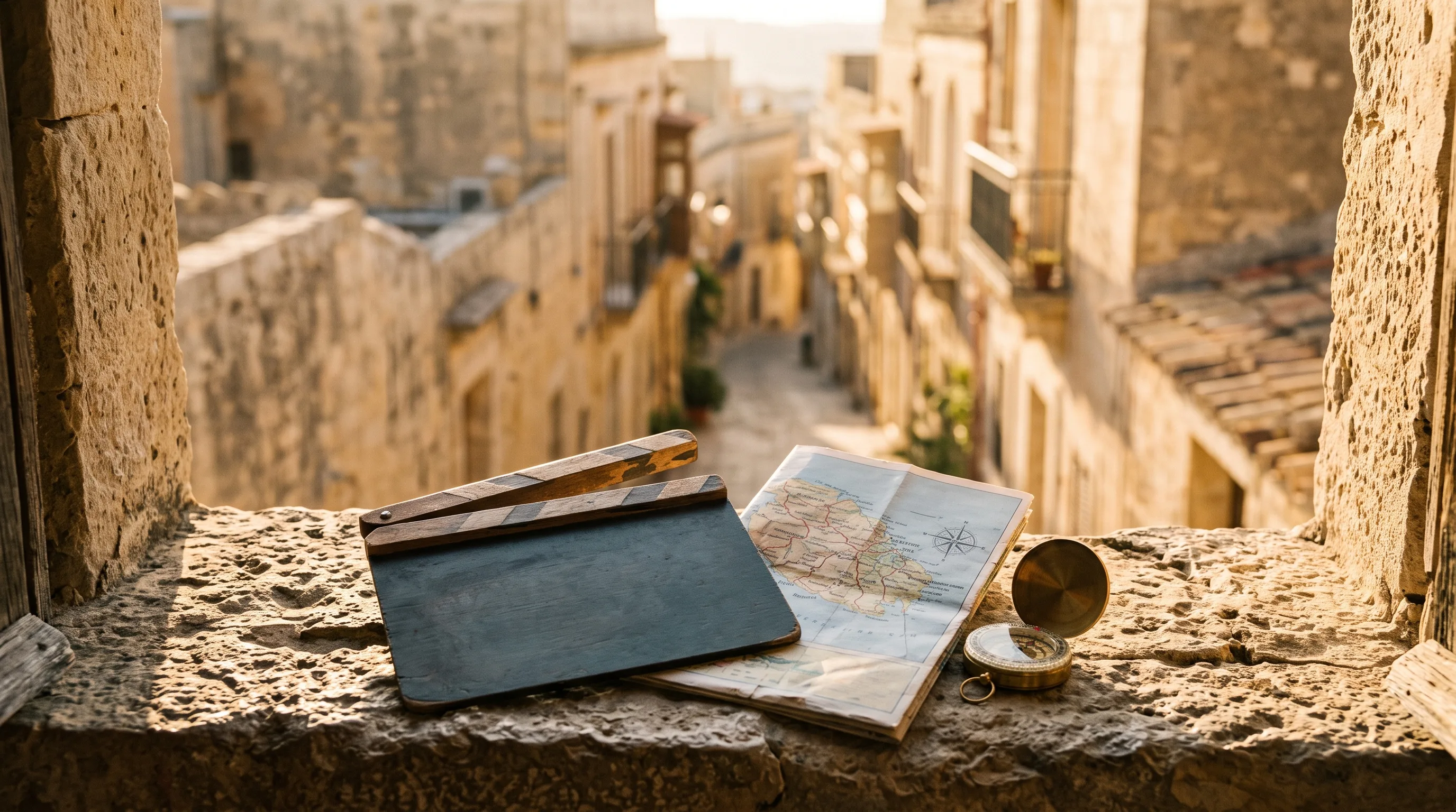 Blick von einem Steinfenstersims auf eine sonnenbeschienene mediterrane Altstadtgasse: im Vordergrund eine unbeschriftete Filmklappe, eine aufgeklappte Straßenkarte und ein Messingkompass, im Hintergrund gestaffelte Natursteinhäuser im Gegenlicht der goldenen Stunde