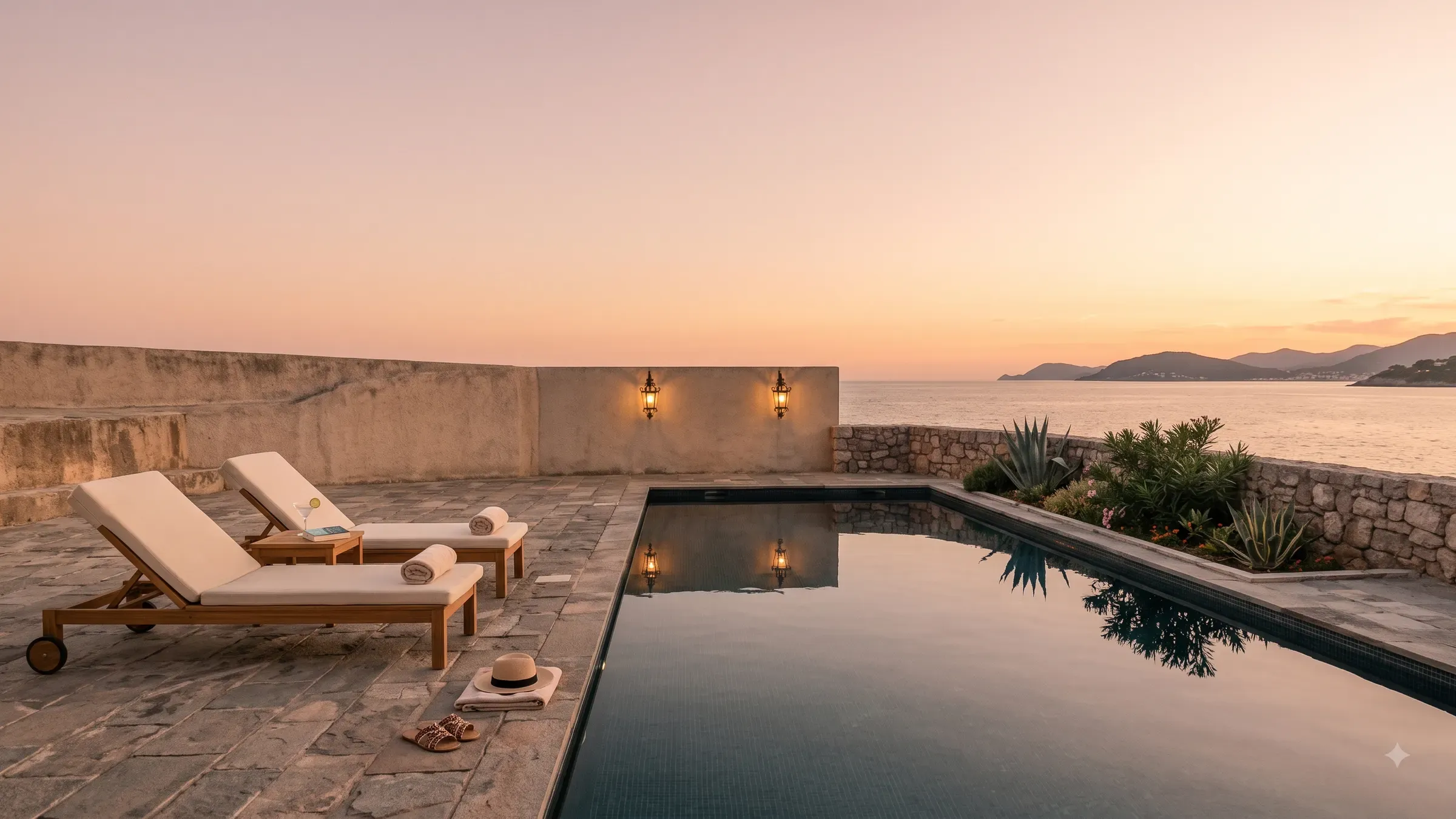 A stone pool terrace at sunset, two empty loungers, two lanterns mirrored in the still water, the sea beyond.