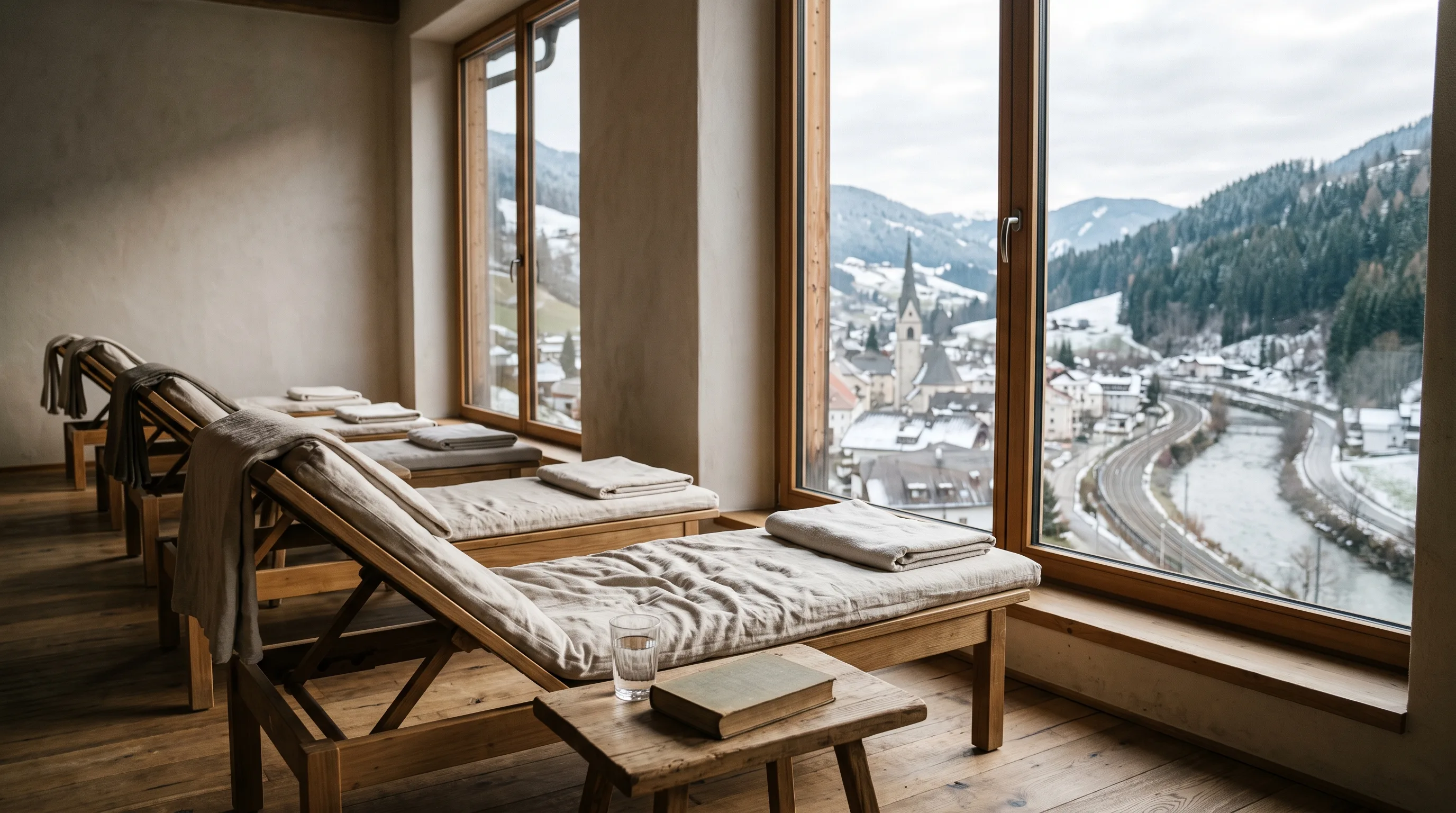 Ruheraum eines kleinen Wellnesshotels mit einer Reihe hölzerner Liegen und gefalteten Leinentüchern vor großen Fenstern, auf einem Holzhocker ein Glas Wasser und ein Buch, draußen ein verschneites Alpental mit Kirchturm, Bahnlinie und Fluss