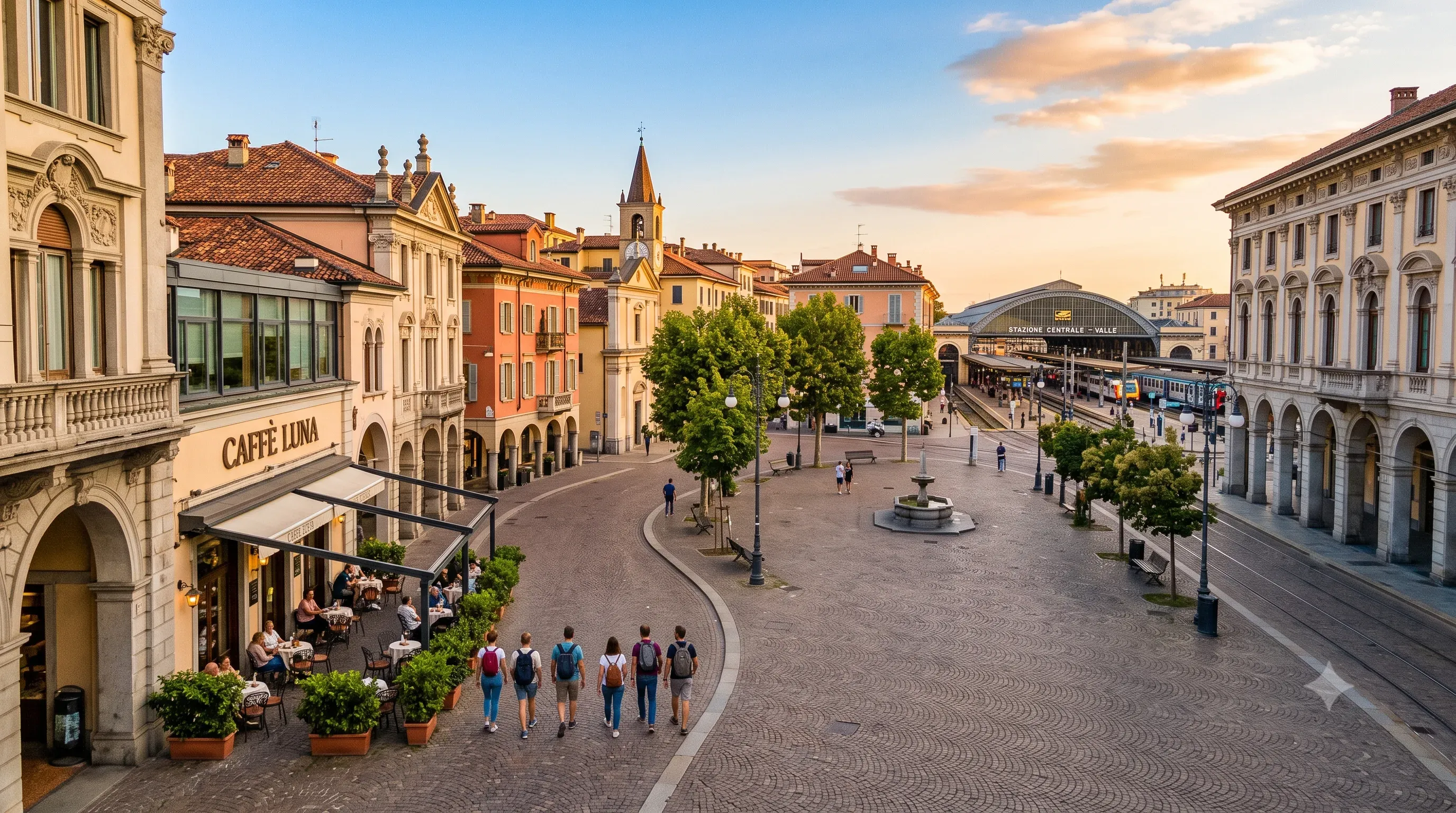 Sunlit southern-European old-town square at golden hour with historic arcaded buildings, a pavement café, a church tower and a railway station with trains on the right; young travellers with backpacks stroll across the cobblestones