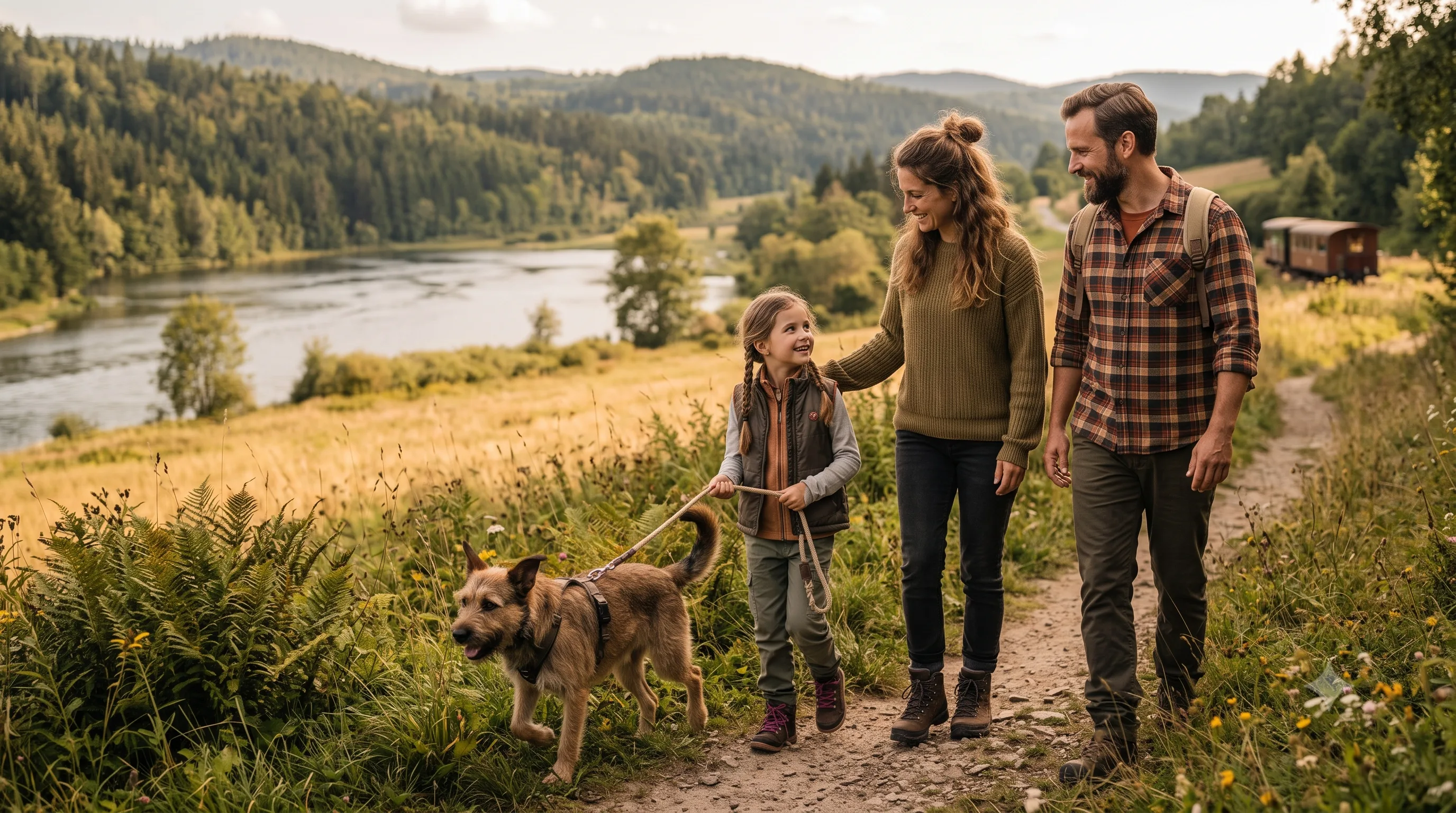 Familie wandert mit ihrem Hund an der Leine auf einem Weg am See durch bewaldete Hügellandschaft, im Hintergrund ein Zug – entspannter Urlaub mit Hund per Bahn