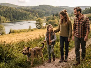 Familie wandert mit ihrem Hund an der Leine auf einem Weg am See durch bewaldete Hügellandschaft, im Hintergrund ein Zug – entspannter Urlaub mit Hund per Bahn