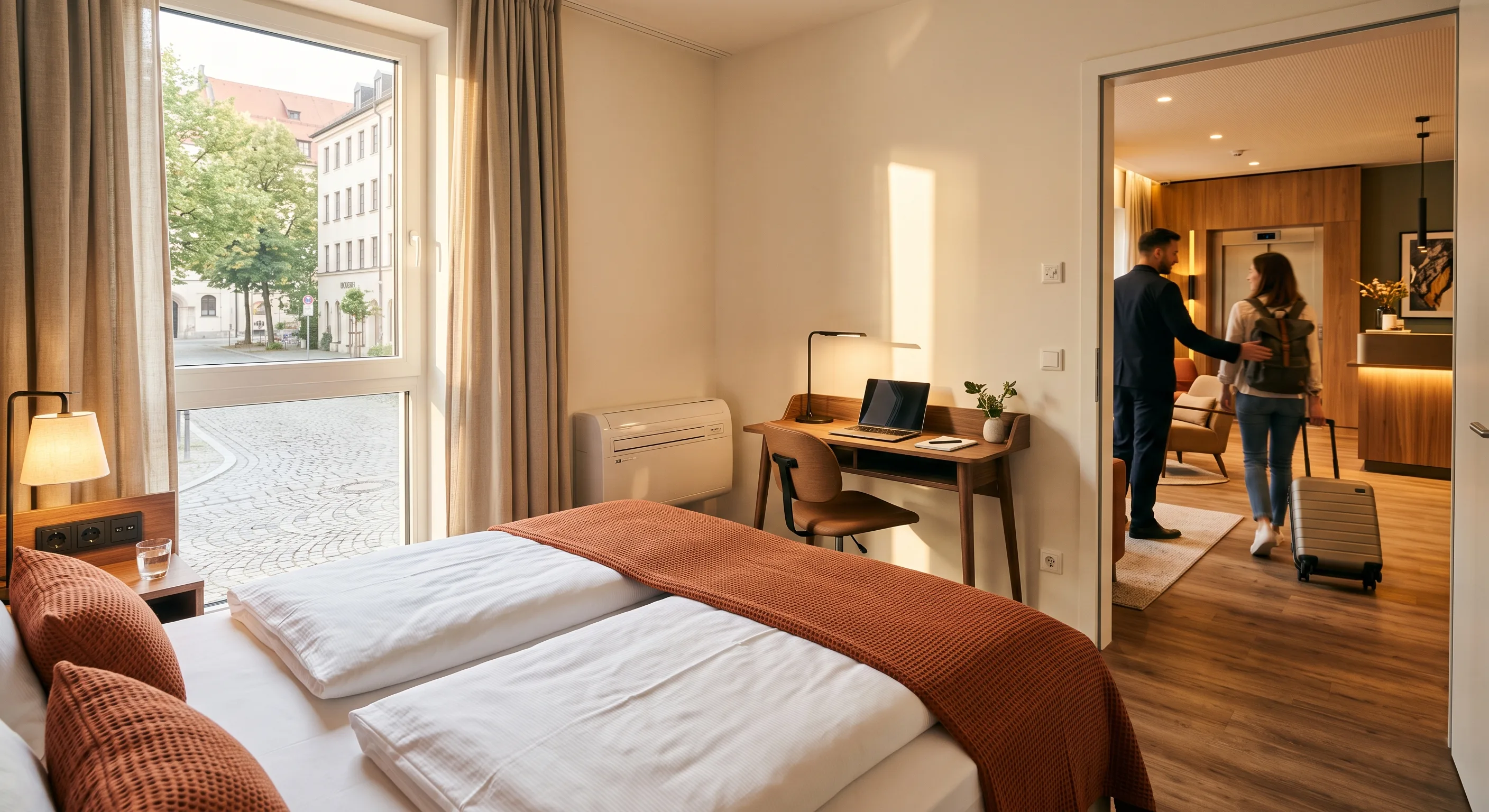 Hotelzimmer mit Doppelbett und Schreibtisch, Fenster zur Altstadtgasse, im Hintergrund ein Paar mit Gepäck vor dem Aufzug