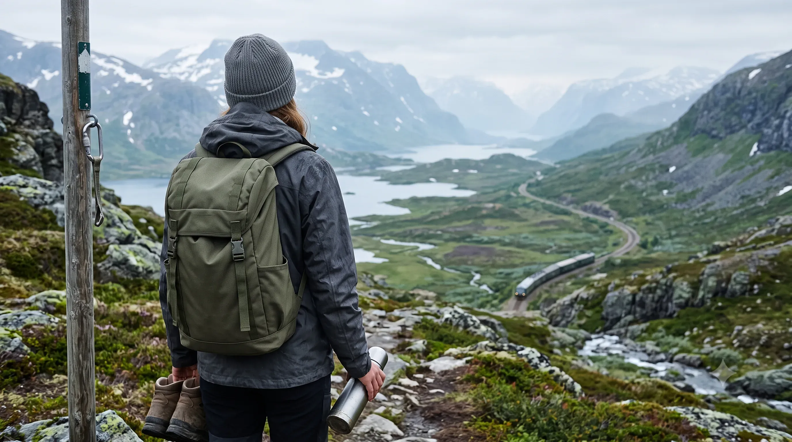 Hiker with a backpack looking over a cool fjord valley with snow-capped mountains; a train winds along the river below