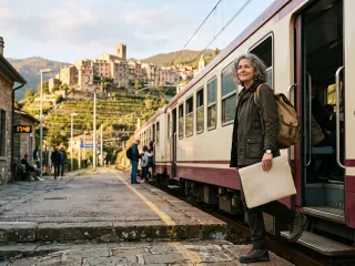 Alleinreisende Frau um die fünfzig mit Rucksack steigt am späten Nachmittag allein in einen Regionalzug an einem kleinen italienischen Bahnhof, im Hintergrund ein Bergdorf mit Kirchturm über Weinterrassen