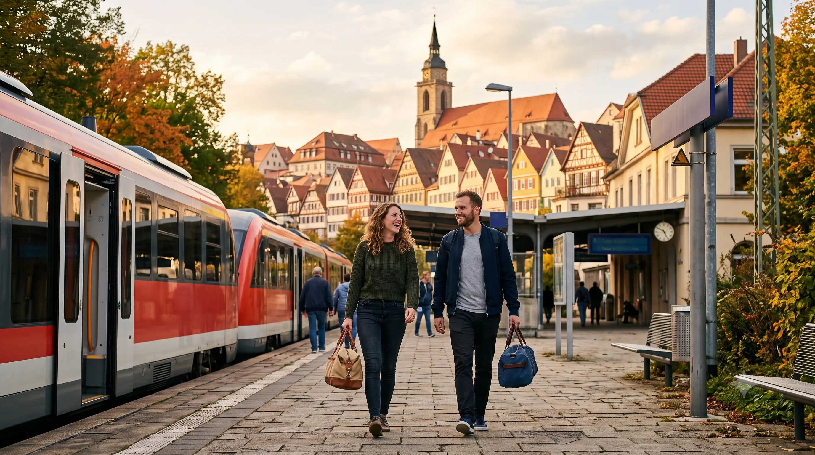 Zwei Reisende mit leichten Wochenendtaschen gehen auf dem Bahnsteig an einem roten Regionalzug entlang, im Hintergrund die Fachwerkhäuser und der Kirchturm einer Altstadt im warmen Herbstlicht