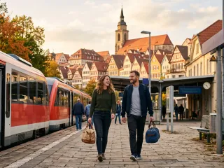 Zwei Reisende mit leichten Wochenendtaschen gehen auf dem Bahnsteig an einem roten Regionalzug entlang, im Hintergrund die Fachwerkhäuser und der Kirchturm einer Altstadt im warmen Herbstlicht