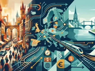 Zweigeteilte Illustration: links eine warme, überfüllte Altstadtgasse mit Menschenmenge, rechts eine ruhige blaue Stadt am Fluss mit Hochgeschwindigkeitszug; dazwischen eine Europakarte mit Bahnverbindungen, Kompass und Euro-Symbolen