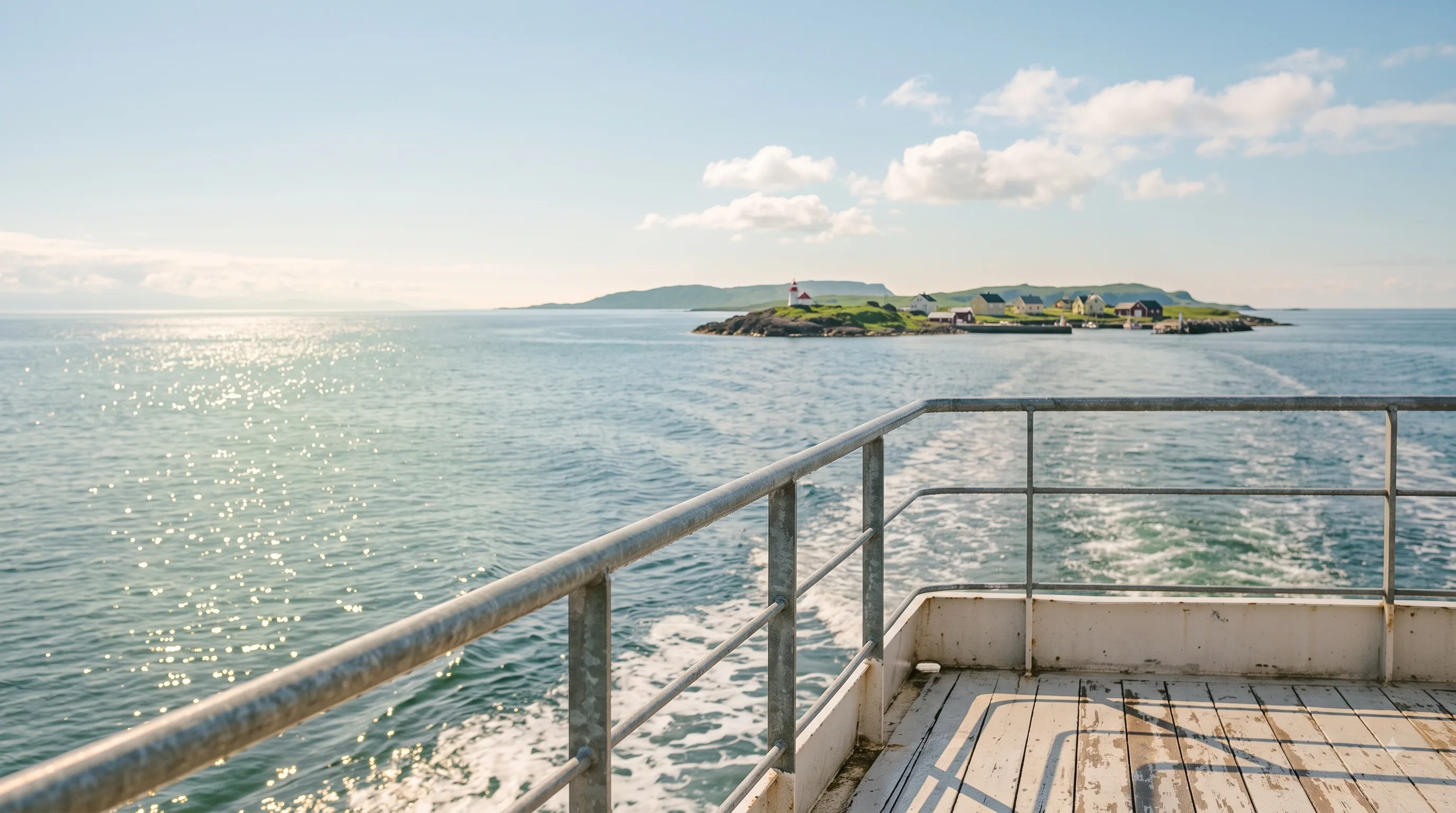 View from a ferry's stern across the railing to the wake, with a low green island beyond in the sunny haze, a white lighthouse and a few pale houses along its shore
