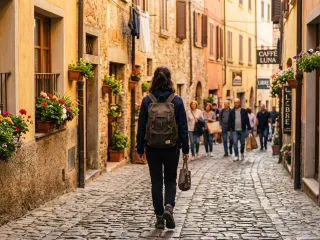 Reisende mit Rucksack und Tasche geht durch eine blumengeschmückte Altstadtgasse, im Hintergrund weitere Passanten und ein Café