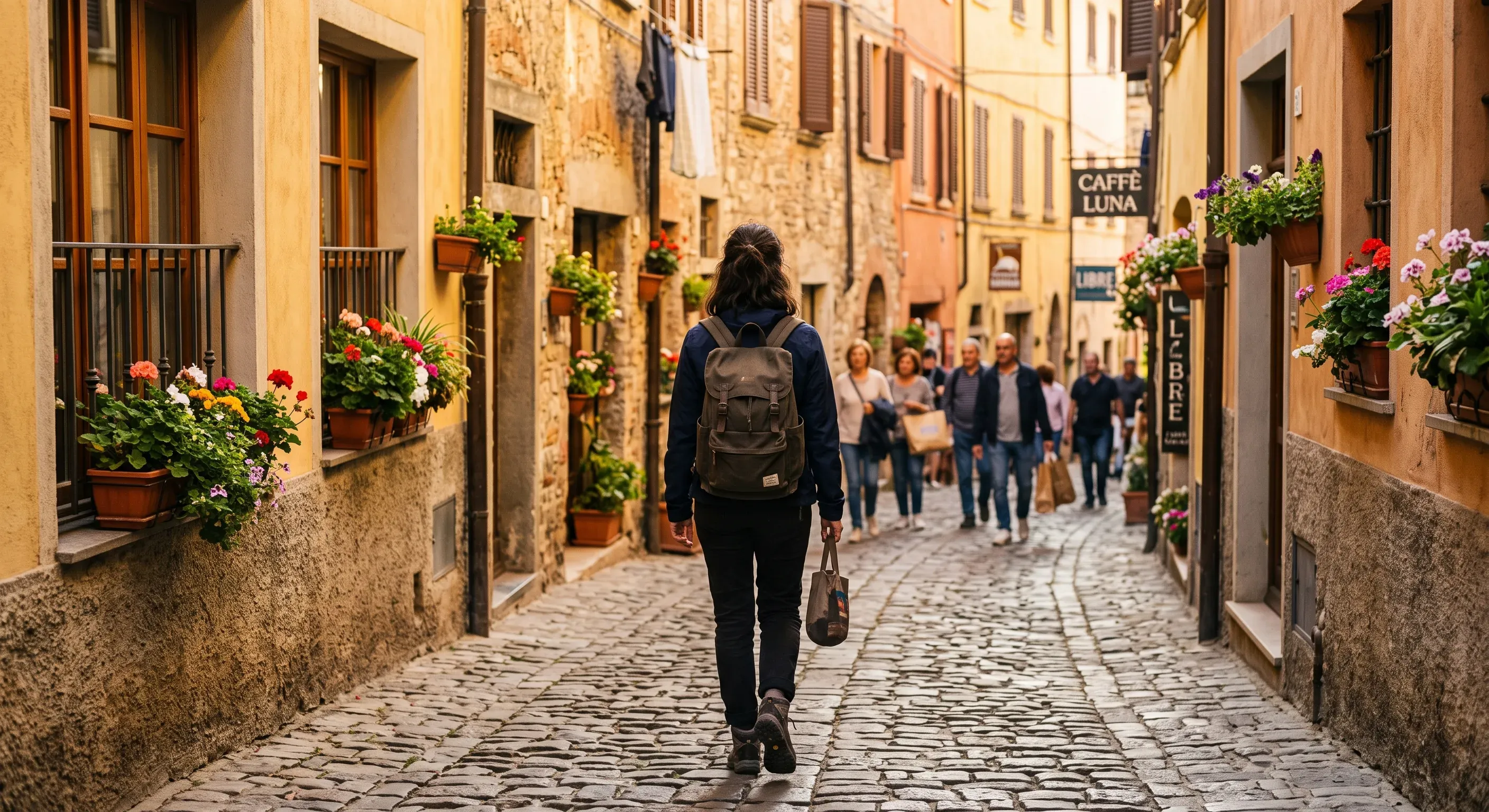 Reisende mit Rucksack und Tasche geht durch eine blumengeschmückte Altstadtgasse, im Hintergrund weitere Passanten und ein Café
