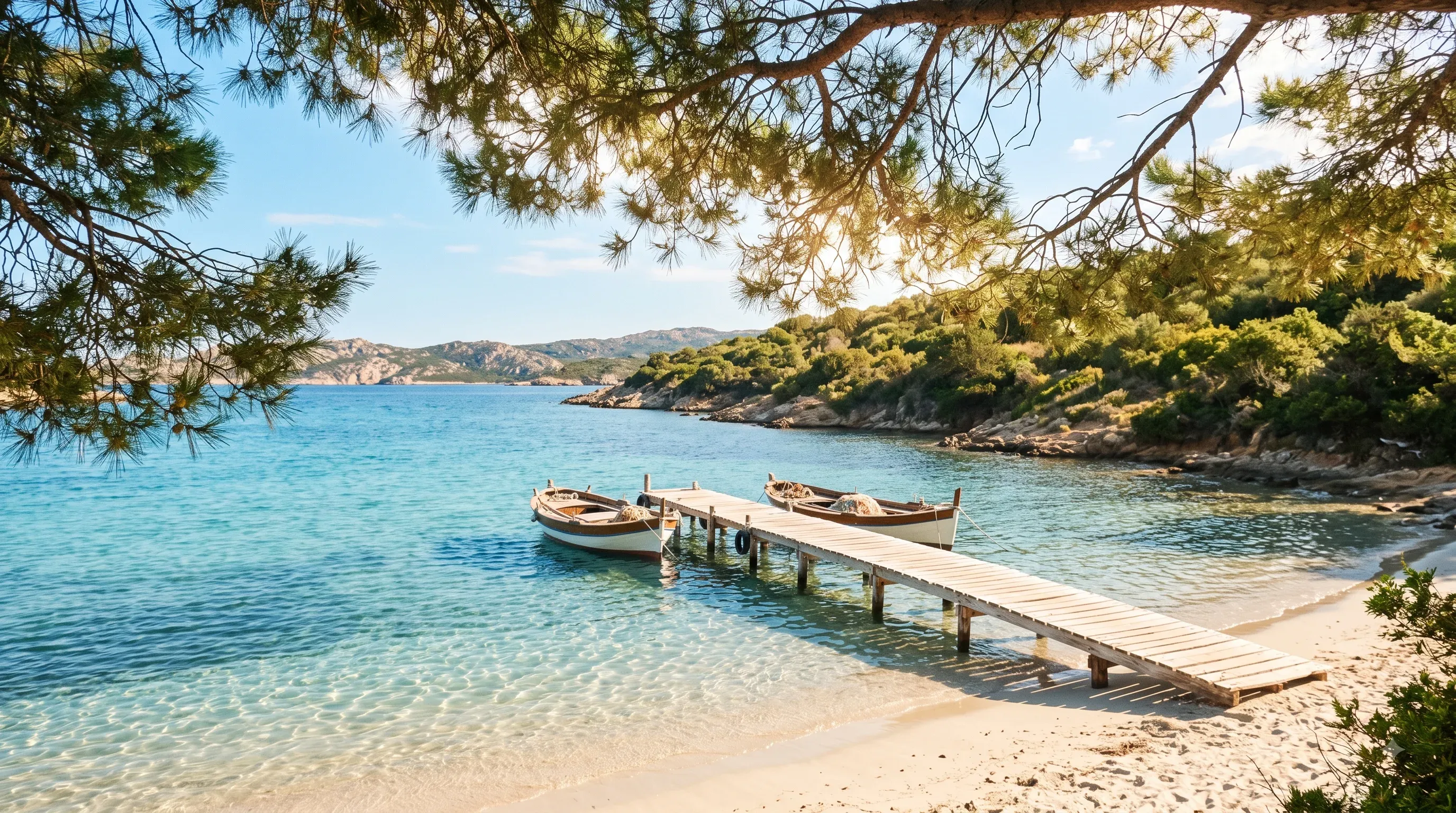 Blick unter Pinienzweigen hindurch auf eine sonnige Mittelmeerbucht: klares türkisfarbenes Wasser, ein hölzerner Steg führt zu zwei kleinen weißen Fischerbooten, rechts ein heller Sandstrand und bewachsene Felsküste