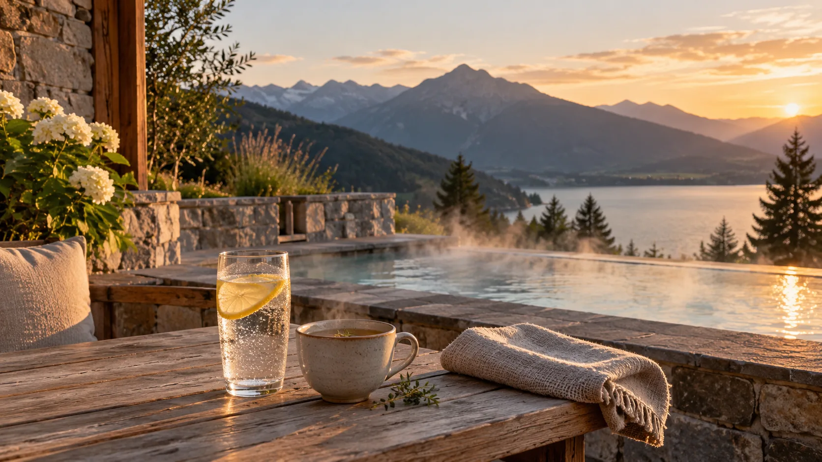 Stone terrace of a small Alpine spa hotel in the evening: wooden table with a glass of sparkling water with lemon and a cup of herbal tea, a folded linen towel beside them, a steaming thermal pool, a lake and wooded mountain slopes in the last sunlight