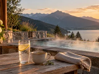 Steinterrasse eines kleinen Alpen-Spa-Hotels am Abend: Holztisch mit einem Glas Sprudelwasser mit Zitrone und einer Tasse Kräutertee, daneben ein gefaltetes Leinenhandtuch, im Hintergrund ein dampfendes Thermalbecken, ein See und bewaldete Berghänge im letzten Sonnenlicht