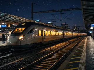 Moderner Zug mit warm beleuchteten Fenstern hält nachts an einem Bahnsteig unter Sternenhimmel, mit Bahnhofsuhren, Anzeigetafeln, wartenden Reisenden und beleuchteter Stadtsilhouette im Hintergrund