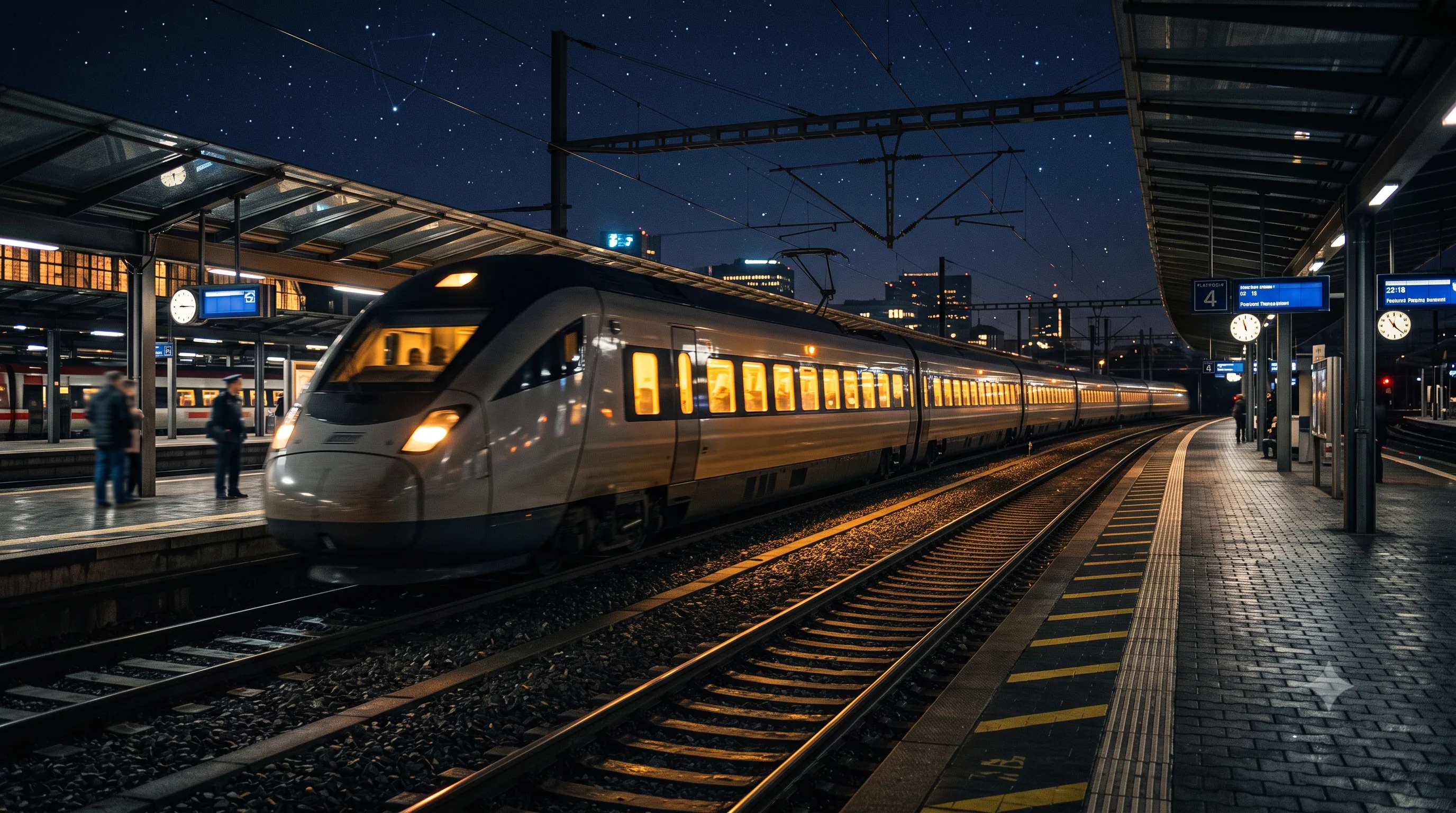 Moderner Zug mit warm beleuchteten Fenstern hält nachts an einem Bahnsteig unter Sternenhimmel, mit Bahnhofsuhren, Anzeigetafeln, wartenden Reisenden und beleuchteter Stadtsilhouette im Hintergrund