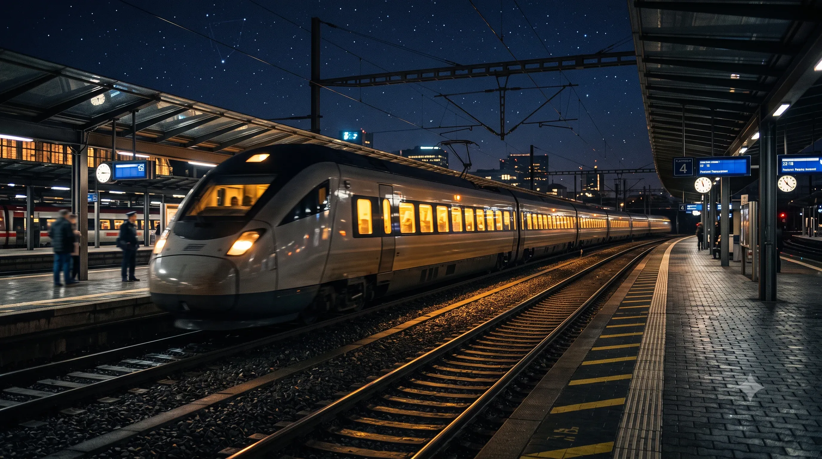 Modern train with warmly lit windows stopped at a platform at night under a starry sky, with station clocks, departure boards, waiting travellers and an illuminated city skyline in the background