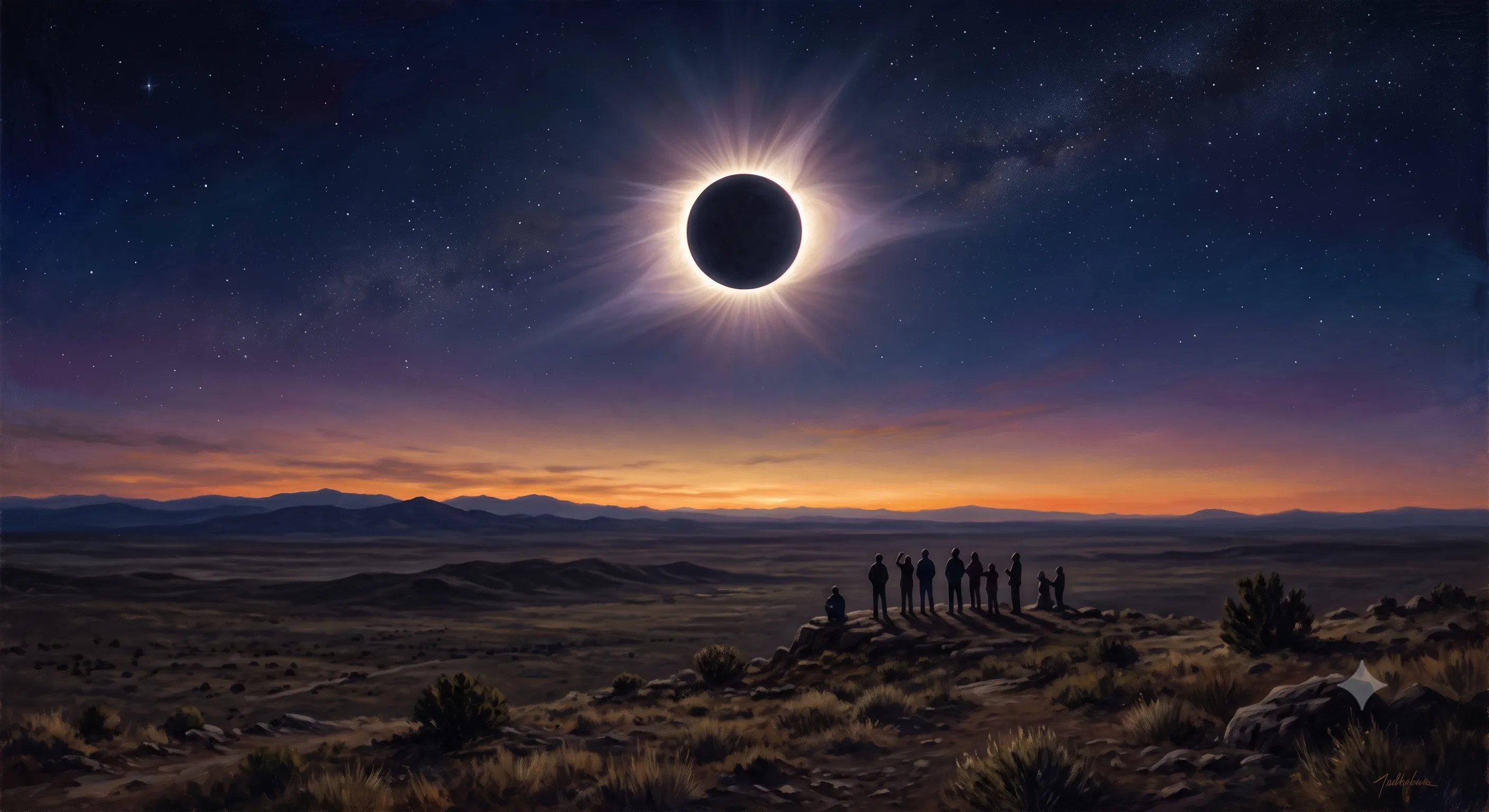 A group of people on a ridge watching a total solar eclipse with a bright corona above a vast landscape at dusk