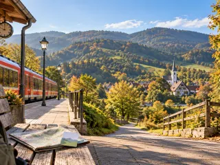 Kleiner Bahnhof am Rand eines Mittelgebirges im Herbstlicht: ein roter Regionalzug hält am Bahnsteig, auf einer Holzbank liegen ein Rucksack, eine gefaltete Wanderkarte und eine Gästekarte, daneben ein Bushaltestellenschild; ein gepflasterter Weg führt hinab in ein bewaldetes Tal mit Fachwerkhäusern und Kirchturm, dahinter sanfte Hügel unter blauem Himmel