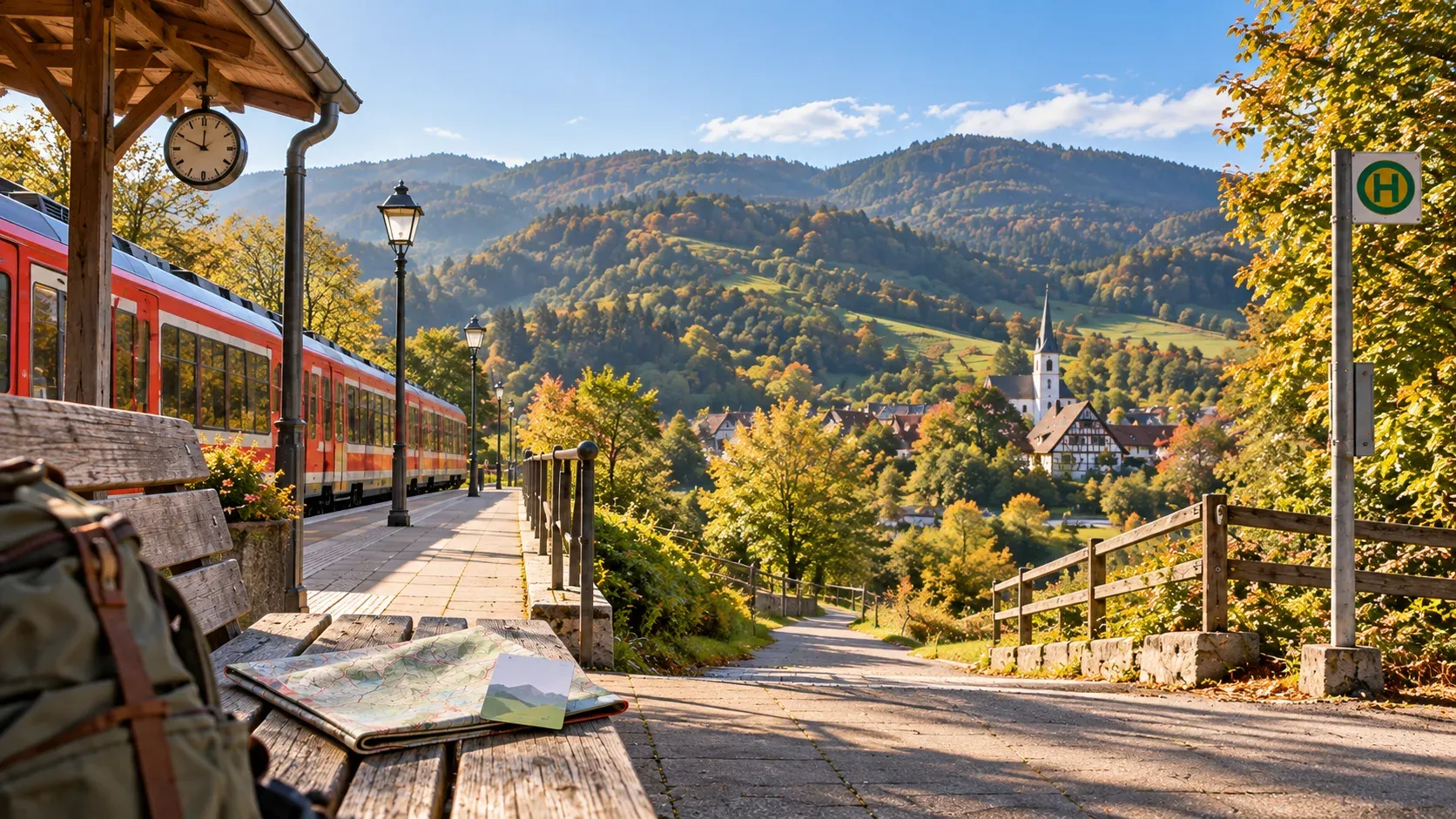 Kleiner Bahnhof am Rand eines Mittelgebirges im Herbstlicht: ein roter Regionalzug hält am Bahnsteig, auf einer Holzbank liegen ein Rucksack, eine gefaltete Wanderkarte und eine Gästekarte, daneben ein Bushaltestellenschild; ein gepflasterter Weg führt hinab in ein bewaldetes Tal mit Fachwerkhäusern und Kirchturm, dahinter sanfte Hügel unter blauem Himmel