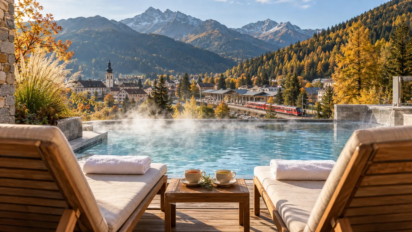 Zwei leere Holzliegen mit gefalteten weißen Handtüchern und zwei Tassen Tee auf einem kleinen Tisch am Rand eines dampfenden Thermalbeckens, dahinter ein kleiner Kurort mit Kirchturm und Bahnhof, in den gerade ein roter Regionalzug einfährt, umgeben von goldgelben Lärchen und verschneiten Berggipfeln im Herbstlicht